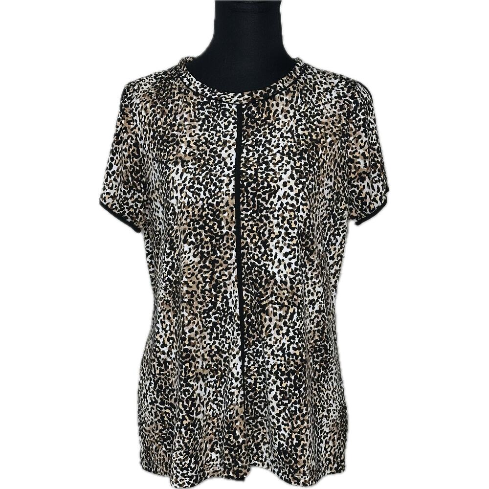 Calvin Klein Leopard Animal Print Split Sleeve knit Blouse Size Large